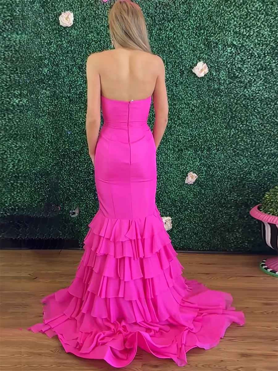 Hot Pink Strapless Cascading Tiered Ruff Mermaid Prom Dress