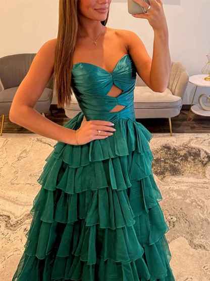 Hot Pink Strapless Cutout Tiered Ruffle Long Prom Dress with Slit