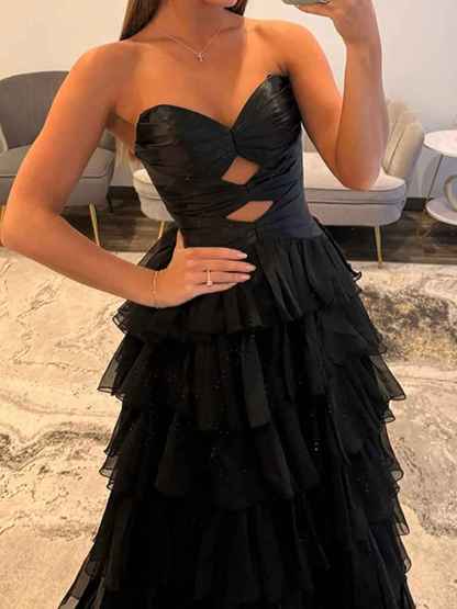 Hot Pink Strapless Cutout Tiered Ruffle Long Prom Dress with Slit