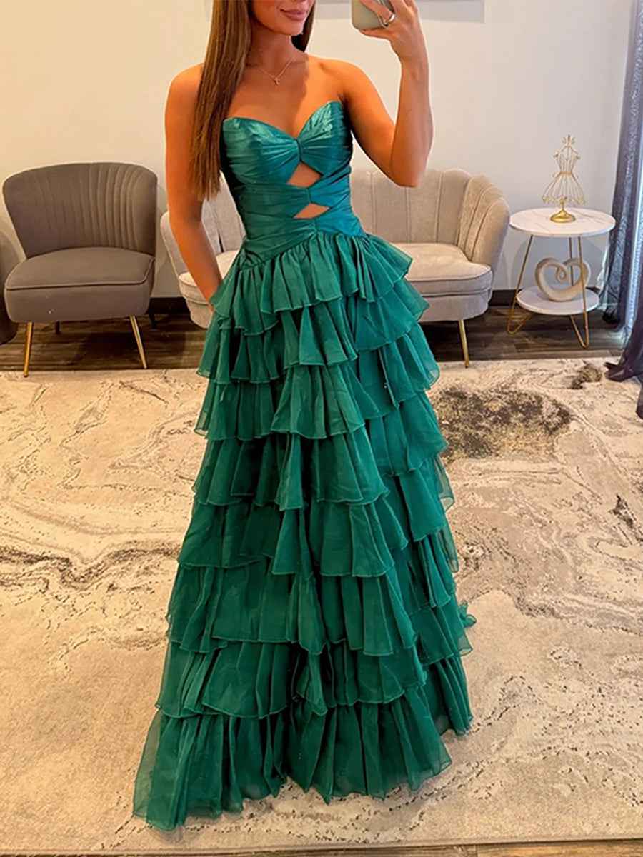 Hot Pink Strapless Cutout Tiered Ruffle Long Prom Dress with Slit