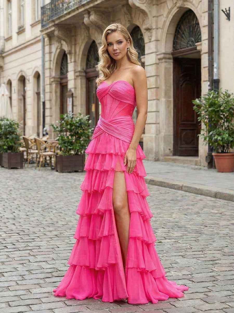 Hot Pink Strapless Ruffled Tiered Corset A-Line Prom Dress with Slit