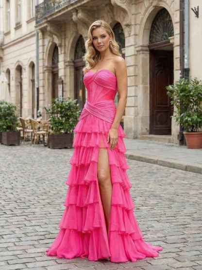 Hot Pink Strapless Ruffled Tiered Corset A-Line Prom Dress with Slit