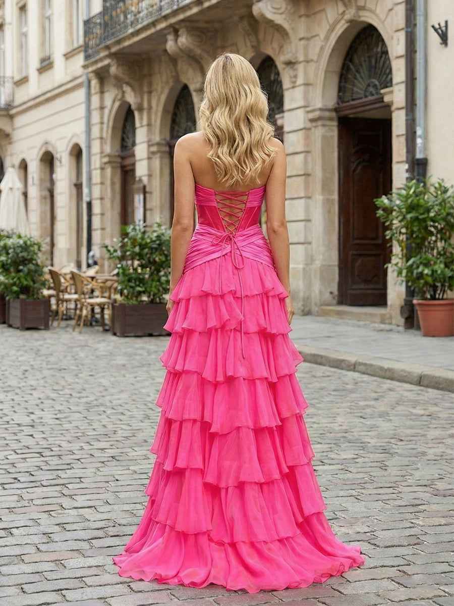 Hot Pink Strapless Ruffled Tiered Corset A-Line Prom Dress with Slit
