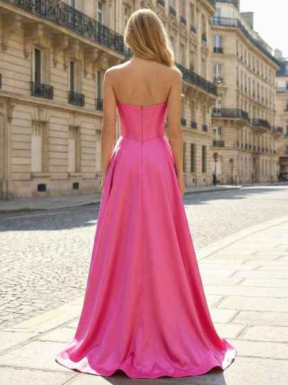 Hot Pink Strapless Satin Corset A-Line Prom Dress with Slit