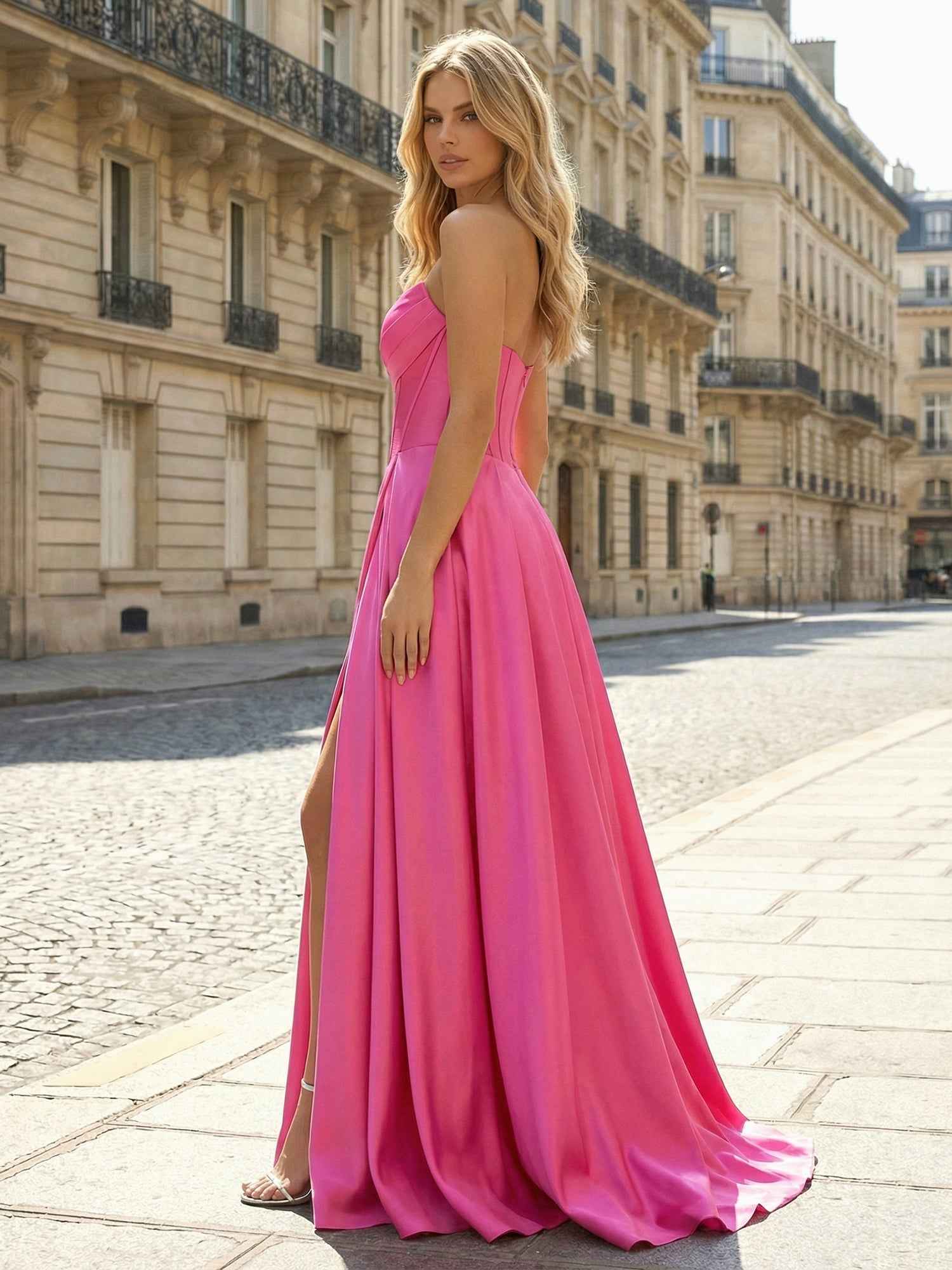 Hot Pink Strapless Satin Corset A-Line Prom Dress with Slit