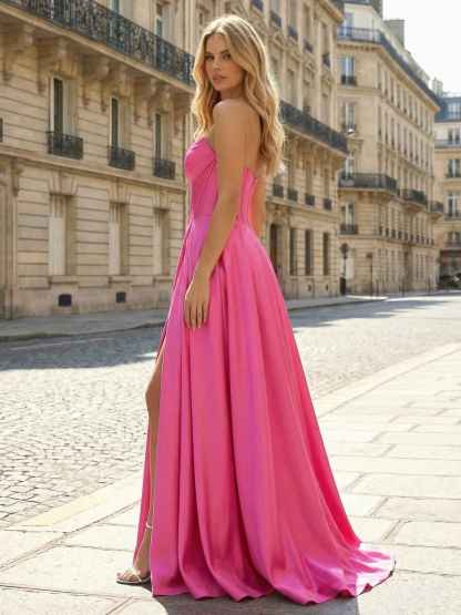 Hot Pink Strapless Satin Corset A-Line Prom Dress with Slit