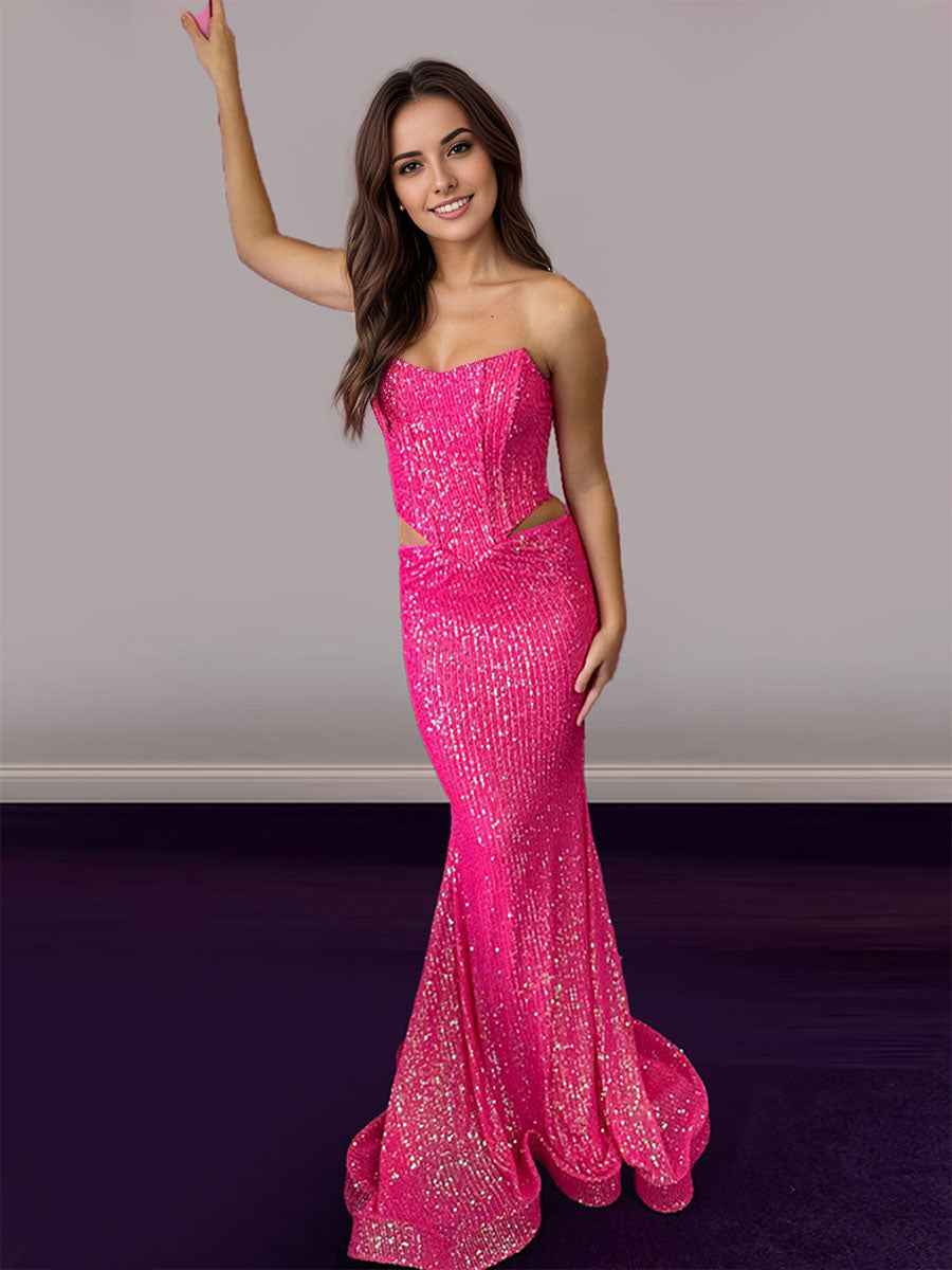 Hot Pink Strapless Sequin Prom Dress with Side Cutouts