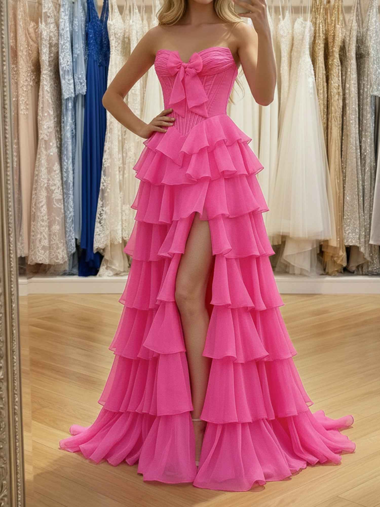 Hot Pink Strapless Tiered Ruffle Corset Prom Dress with Slit
