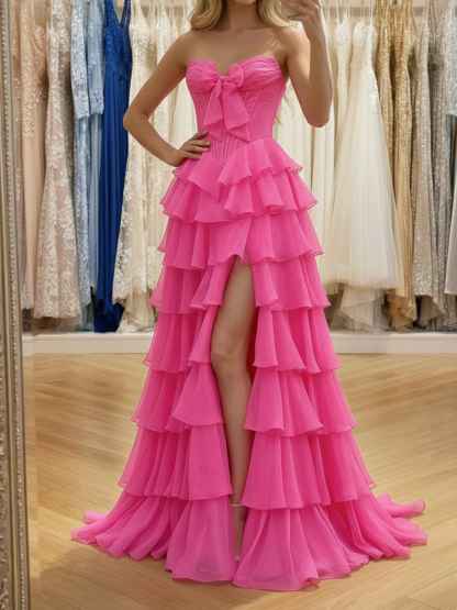 Hot Pink Strapless Tiered Ruffle Corset Prom Dress with Slit