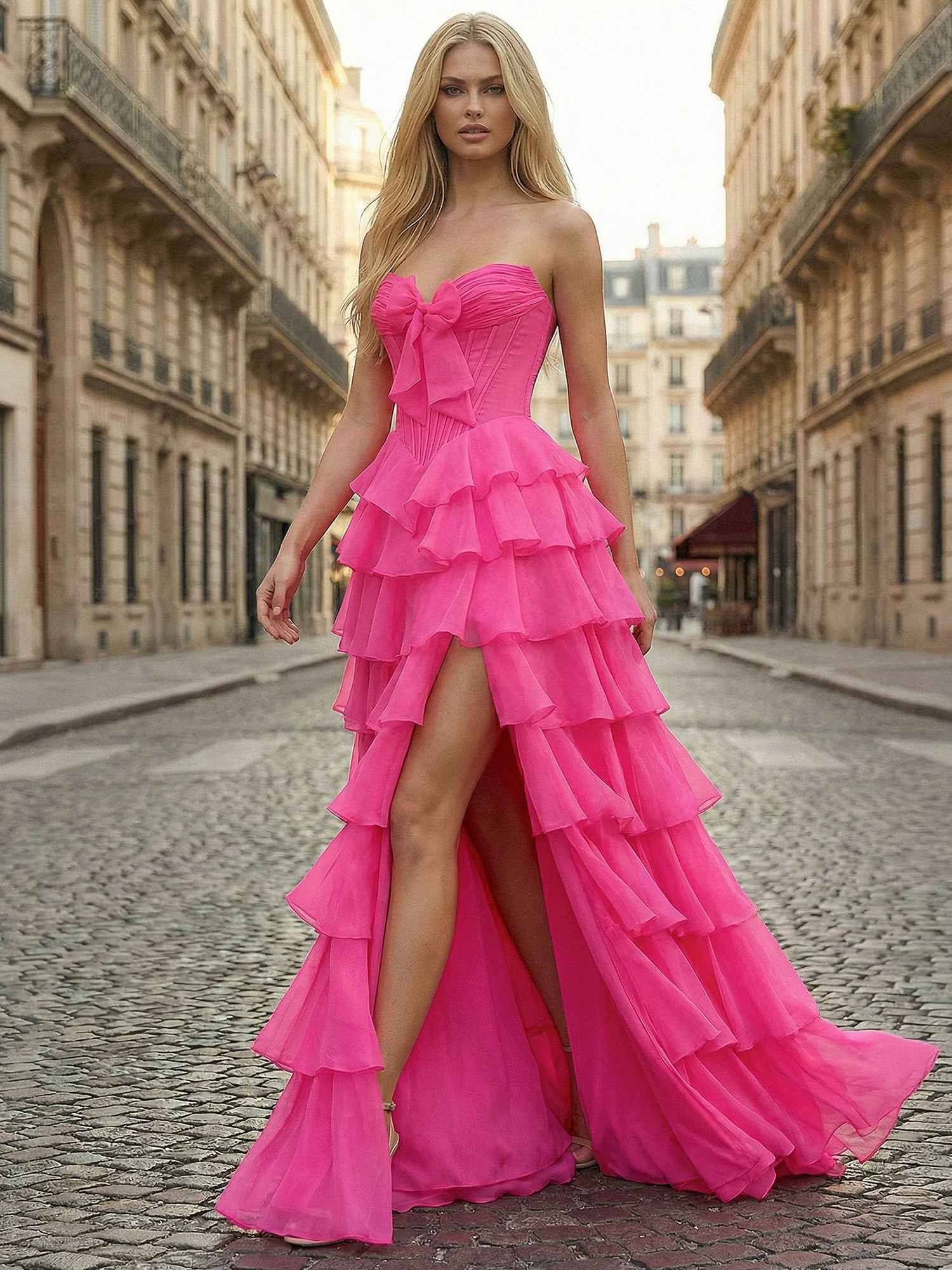 Hot Pink Strapless Tiered Ruffle Corset Prom Dress with Slit