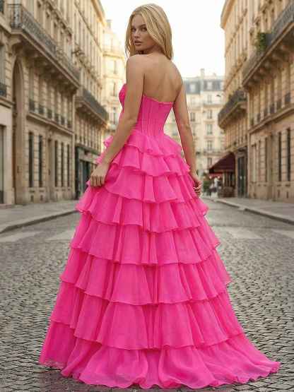 Hot Pink Strapless Tiered Ruffle Corset Prom Dress with Slit