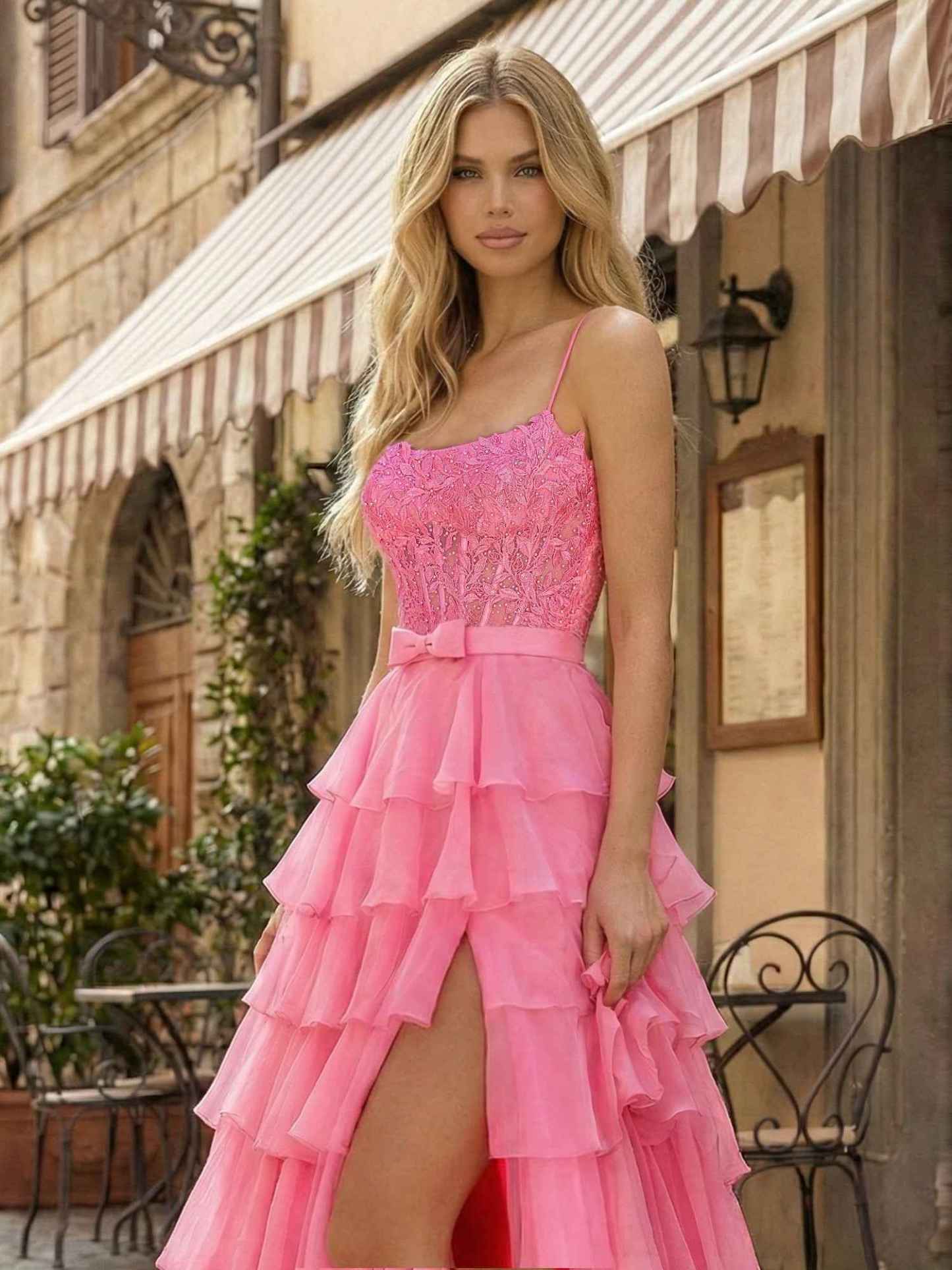 Hot Pink Tiered Ruffle Corset A-Line Prom Dress with Slit