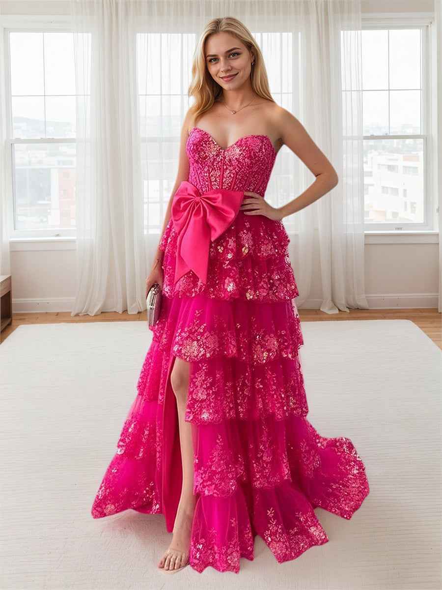 Hot Pink Tiered Sequin Ruffle Statement Bow Prom Dress with Slit
