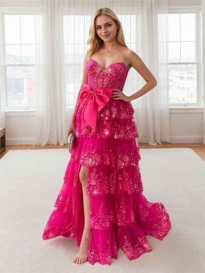 Hot Pink Tiered Sequin Ruffle Statement Bow Prom Dress with Slit