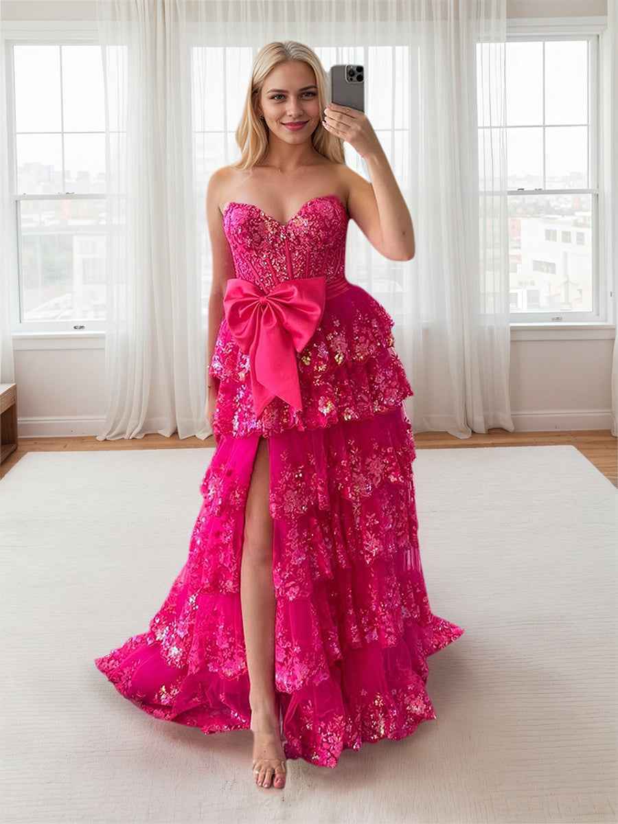 Hot Pink Tiered Sequin Ruffle Statement Bow Prom Dress with Slit