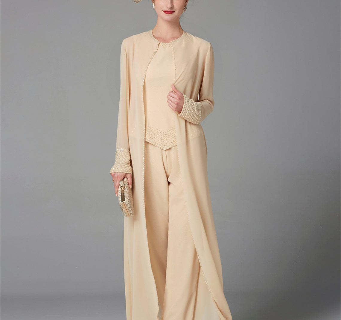 Long-Sleeve Chiffon Mother of the Bride Pantsuit with Jacket and Sequins-BMbridal