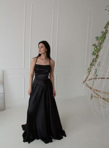 Stunning Spaghetti Straps Satin Floor Length Dress with Side Slit-BMbridal
