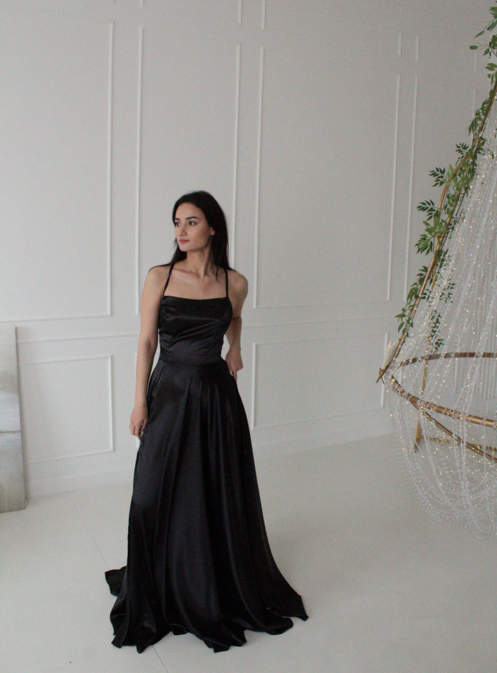 Stunning Spaghetti Straps Satin Floor Length Dress with Side Slit-BMbridal