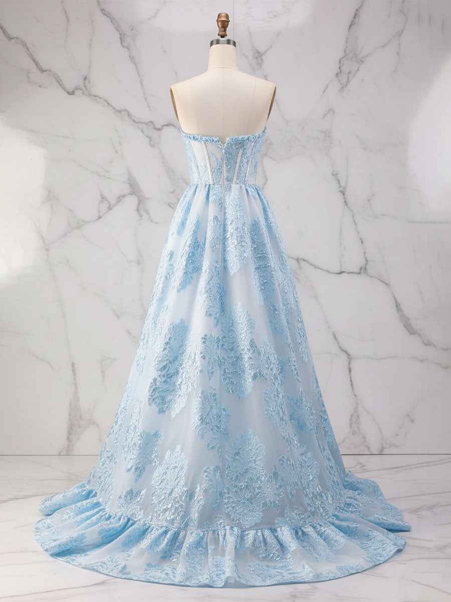 Ice Blue A-Line Strapless Textured Corset Prom Dress