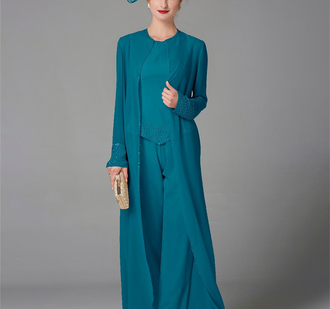 Long-Sleeve Chiffon Mother of the Bride Pantsuit with Jacket and Sequins-BMbridal