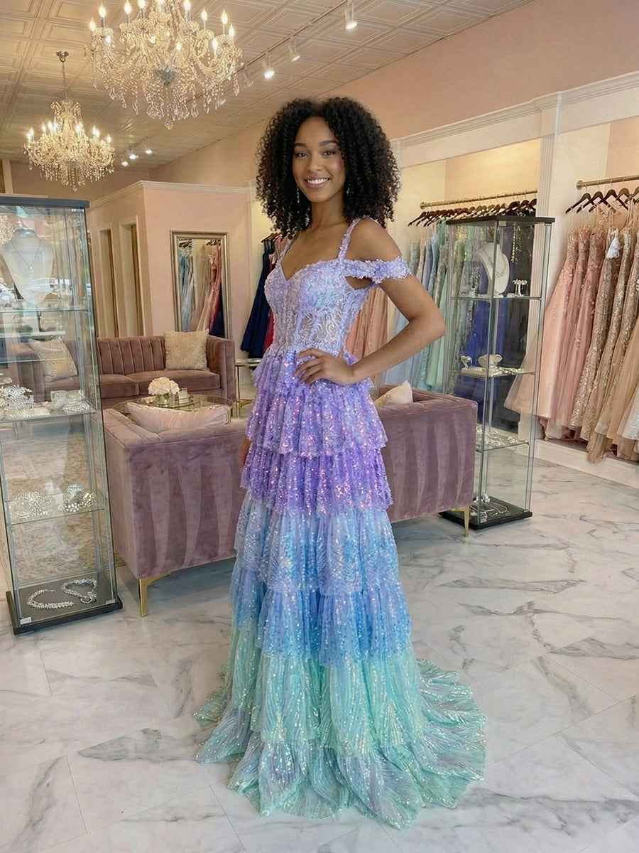 Iridescent Lavender Off-the-Shoulder A-Line Prom Dress with Thigh Slit