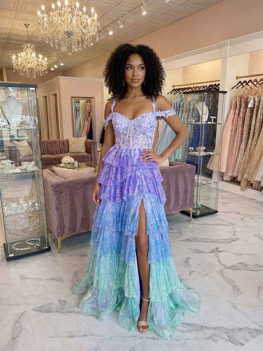 Iridescent Lavender Off-the-Shoulder A-Line Prom Dress with Thigh Slit
