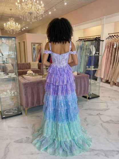 Iridescent Lavender Off-the-Shoulder A-Line Prom Dress with Thigh Slit