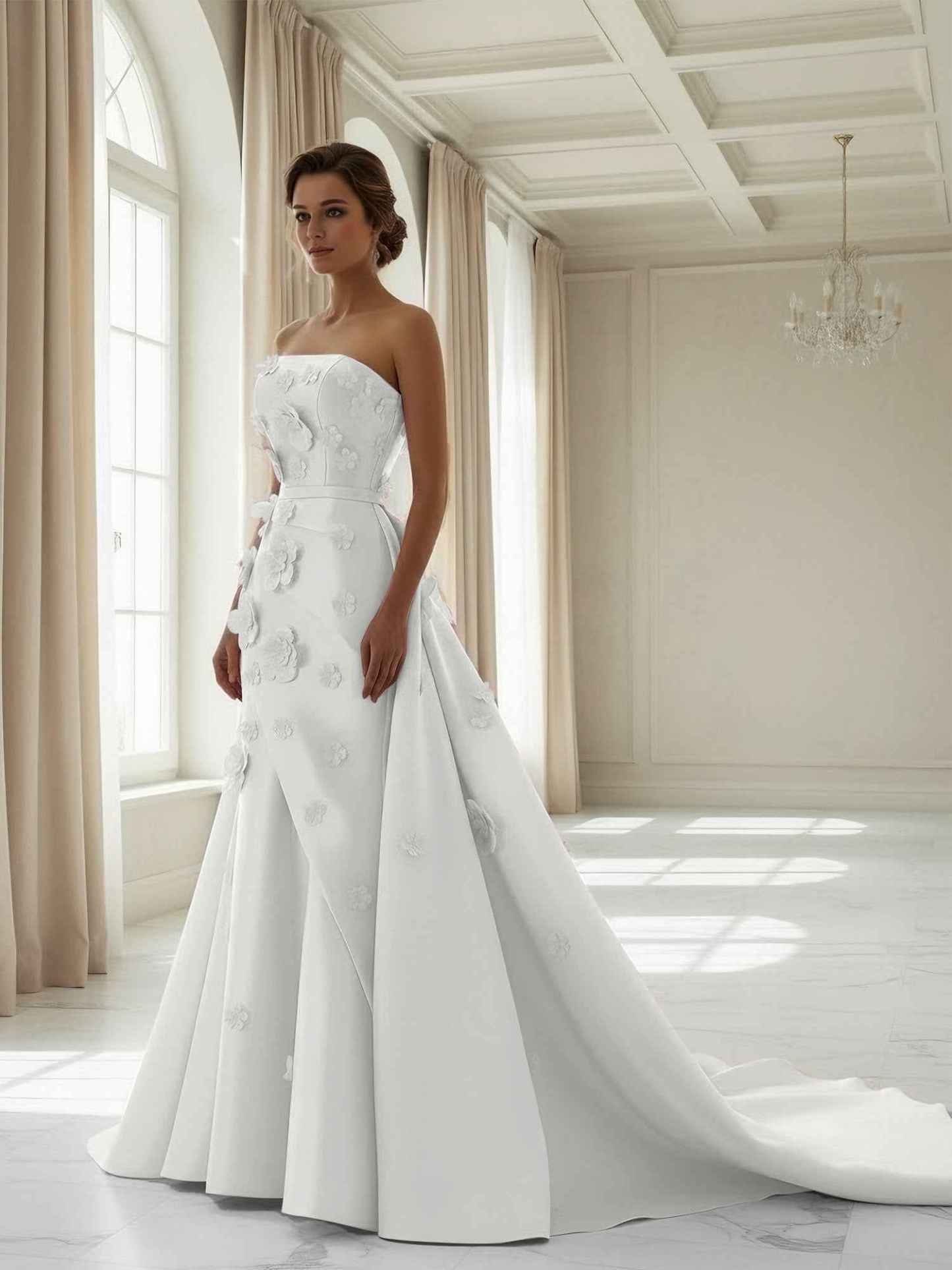 Pink A Line Satin Strapless Prom Dress with 3D Floral Appliques