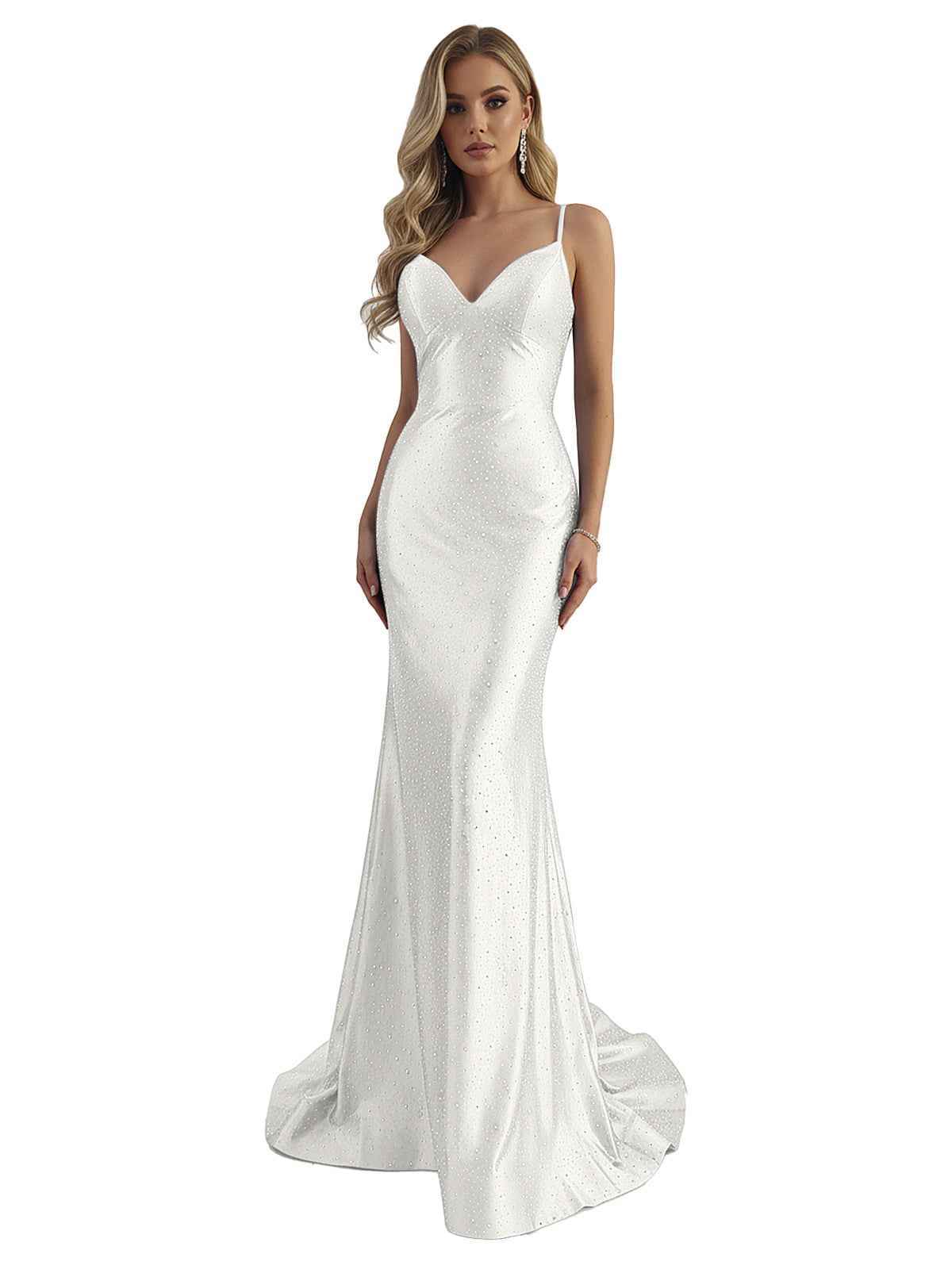 Blue Mermaid Spaghetti Straps V-Neck Rhinestone Long Prom Dress