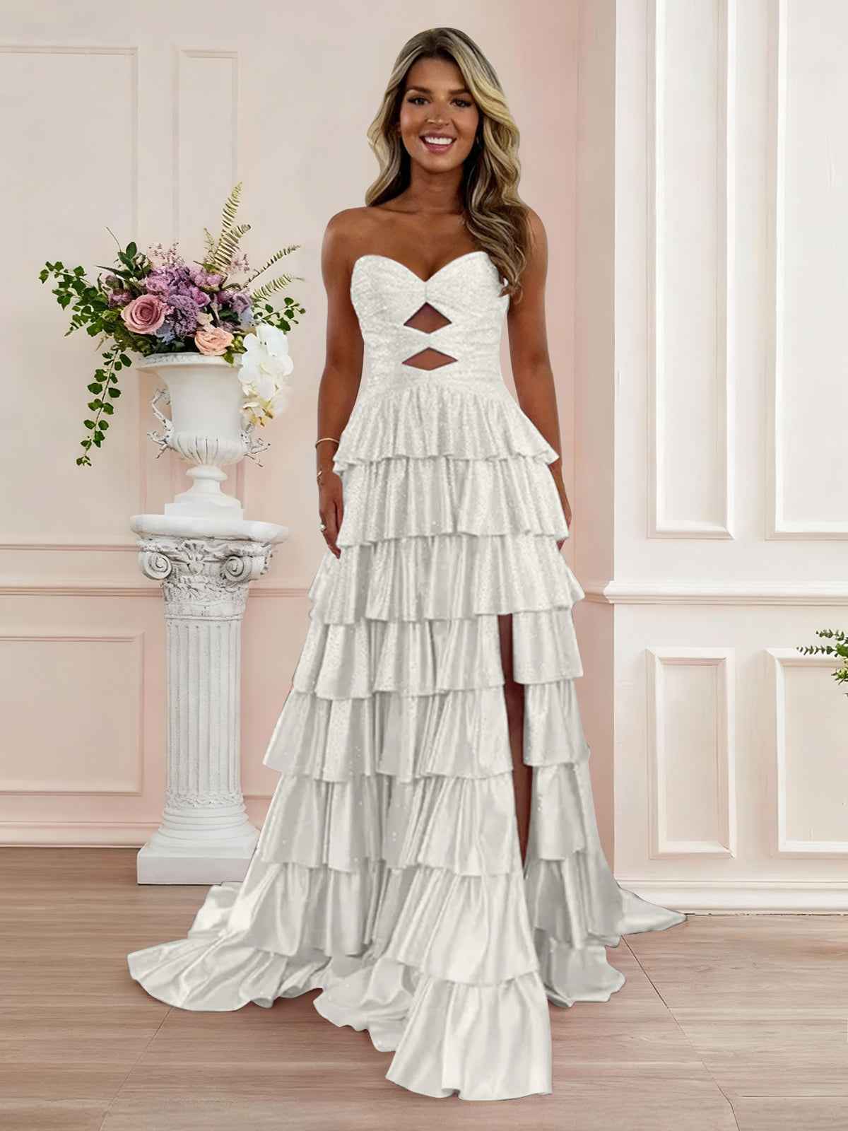 A Line Strapless Sweetheart Satin Prom Dress with Keyhole