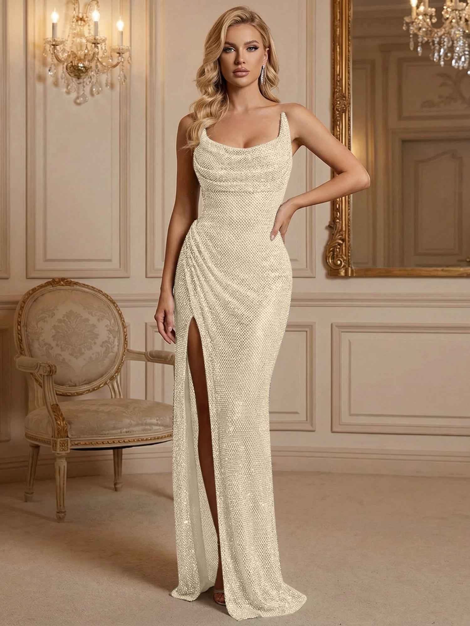 Silver Sequin Cowl Neck Ruched Long Prom Dress with High Slit