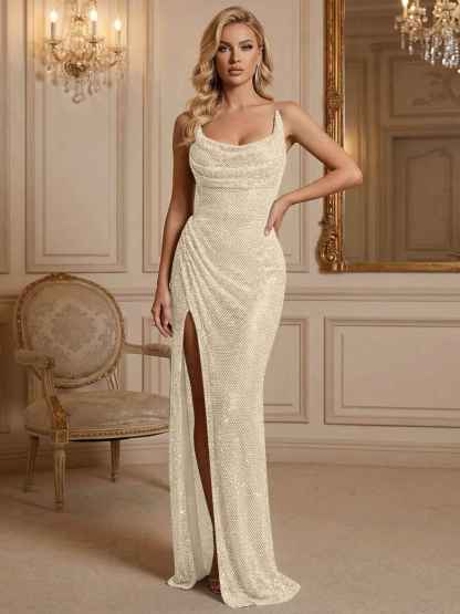 Silver Sequin Cowl Neck Ruched Long Prom Dress with High Slit