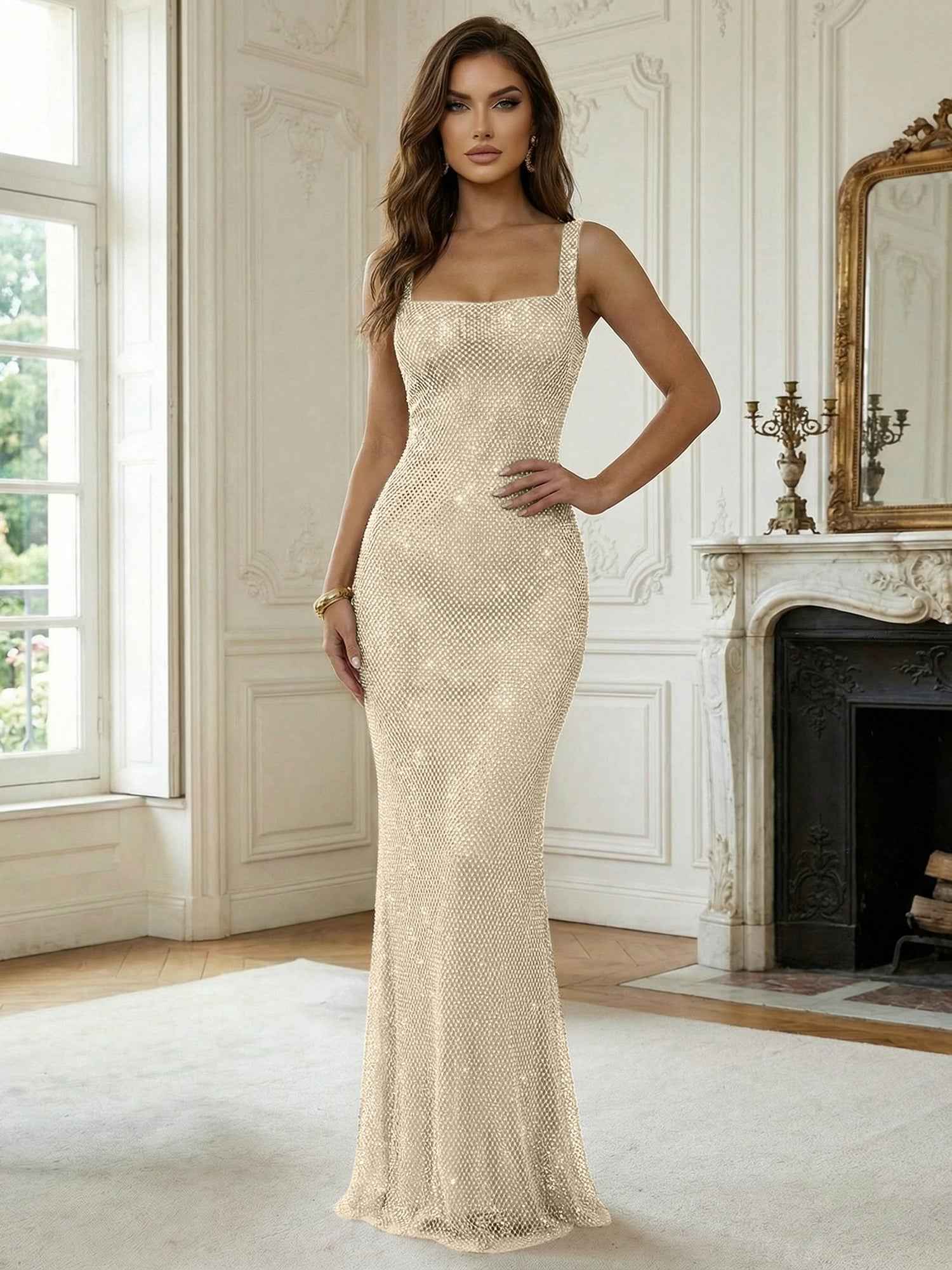 Crystal-Embellished Mermaid Long Prom Dress with Square Neckline