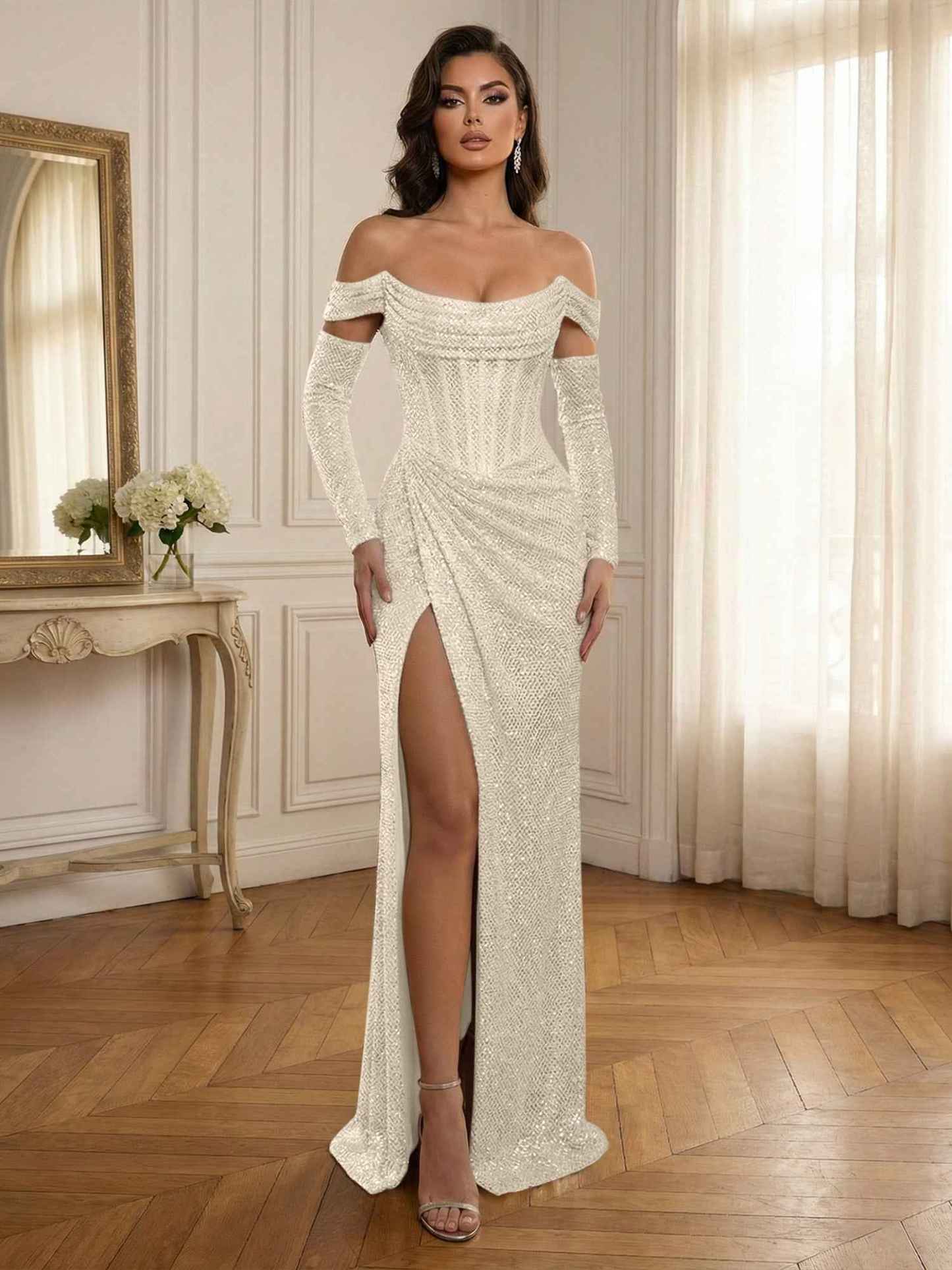 Silver Sequin Off-the-Shoulder Long Sleeves Corset Prom Dress with Slit