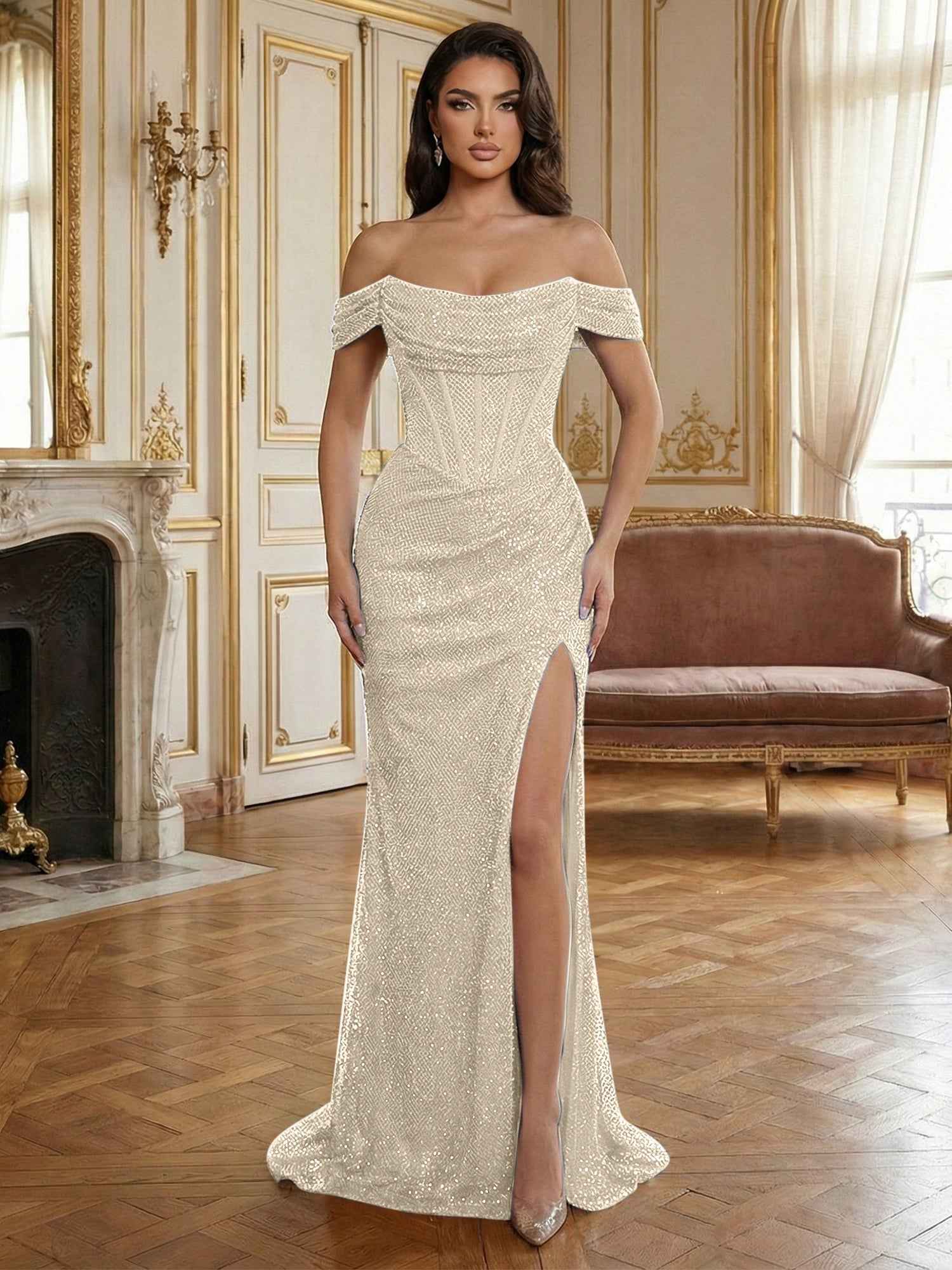 Sequin Off-the-Shoulder Corset Bodice Long Prom Dress with Slit