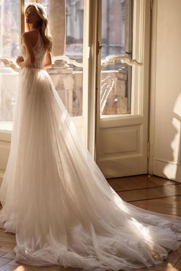 Ivory A-Line Wedding Dress Deep V Neck Wide Strap 3D Floral Beaded Bodice Tulle High Slit Romantic Bridal Gown with Cathedral Train