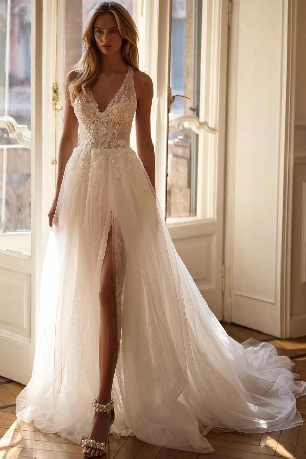 Ivory A-Line Wedding Dress Deep V Neck Wide Strap 3D Floral Beaded Bodice Tulle High Slit Romantic Bridal Gown with Cathedral Train
