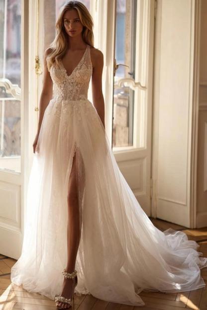 Ivory A-Line Wedding Dress Deep V Neck Wide Strap 3D Floral Beaded Bodice Tulle High Slit Romantic Bridal Gown with Cathedral Train