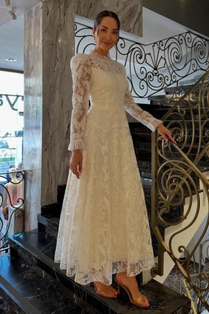 Ivory A-Line Wedding Dress High Neck Pearl Button Long Sheer Lace Sleeves Ruffle Cuff Allover Lace Victorian Modest Bridal Gown