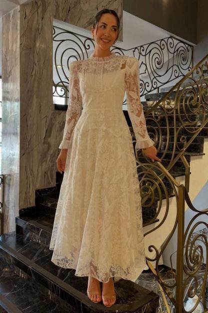 Ivory A-Line Wedding Dress High Neck Pearl Button Long Sheer Lace Sleeves Ruffle Cuff Allover Lace Victorian Modest Bridal Gown