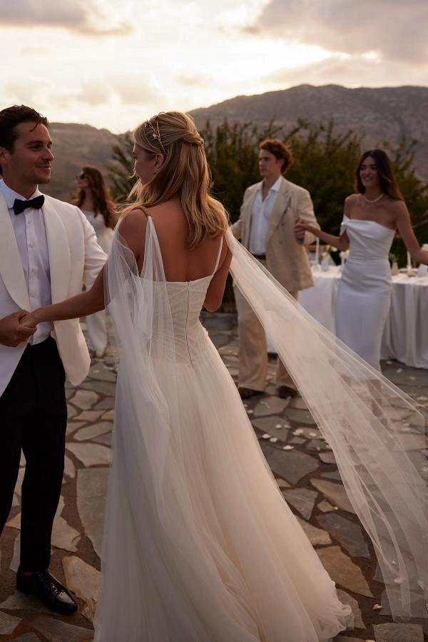 Ivory A-Line Wedding Dress Sweetheart Flowing Tulle Cape Straps Ruched Corset Boho Bridal Gown with Chapel Train