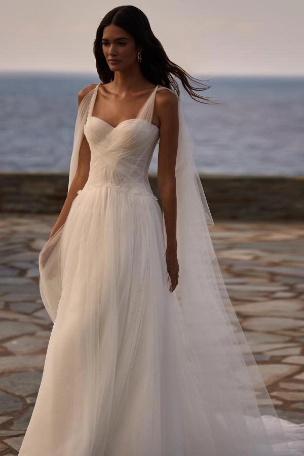 Ivory A-Line Wedding Dress Sweetheart Flowing Tulle Cape Straps Ruched Corset Boho Bridal Gown with Chapel Train