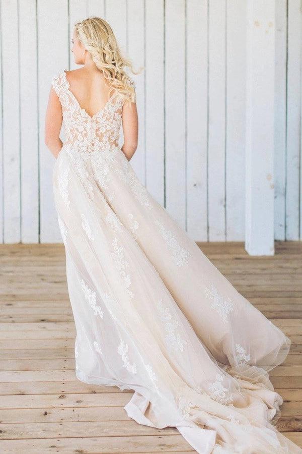 Ivory A-Line Wedding Dress V Neck Cap Sleeves Illusion Baroque Lace Bodice Deep V Back Tulle Boho Bridal Gown with Chapel Train