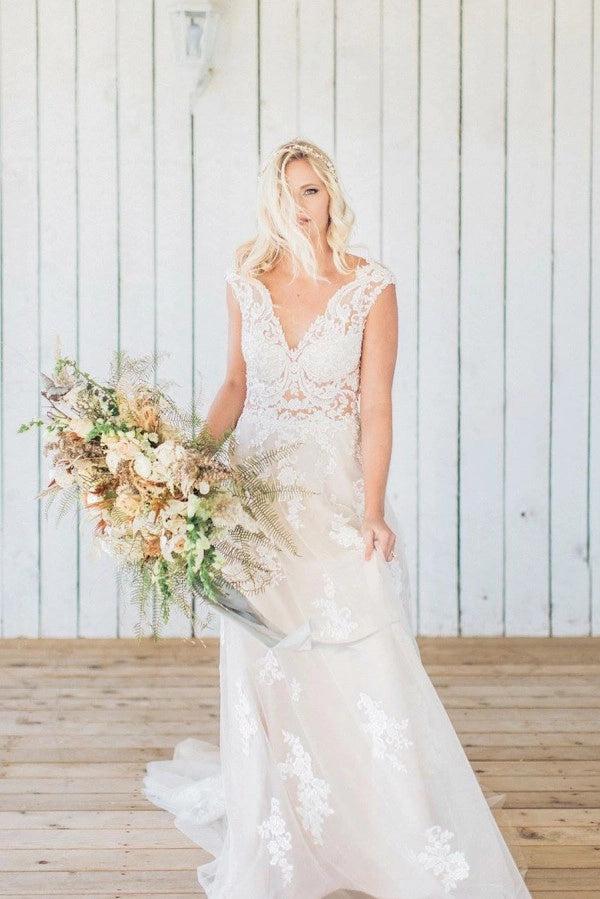 Ivory A-Line Wedding Dress V Neck Cap Sleeves Illusion Baroque Lace Bodice Deep V Back Tulle Boho Bridal Gown with Chapel Train