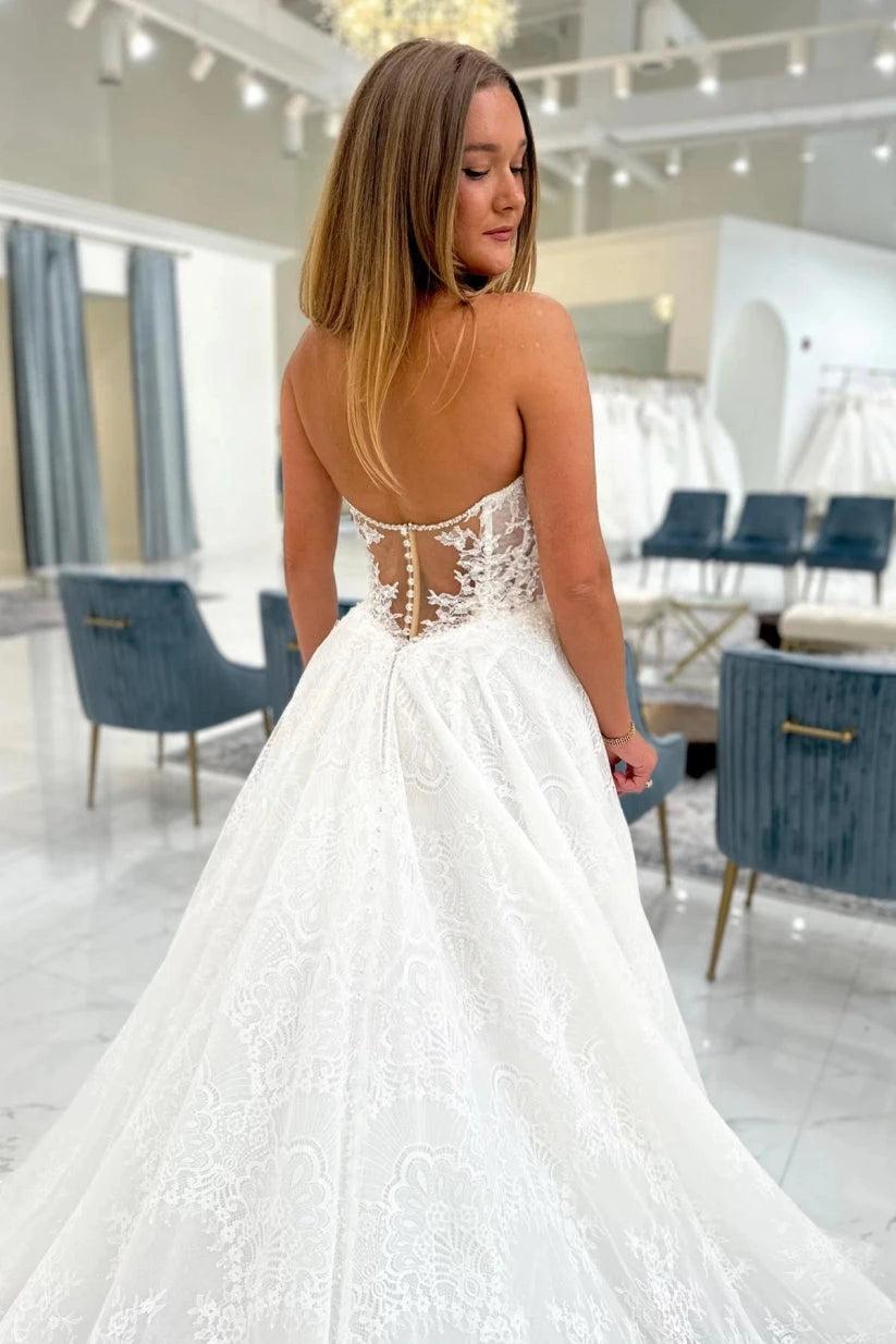 Ivory Lace A-Line Wedding Dress Strapless Sweetheart Illusion Beaded Boned Corset Detachable Off-Shoulder Sleeves Pearl Button Back Cathedral Train