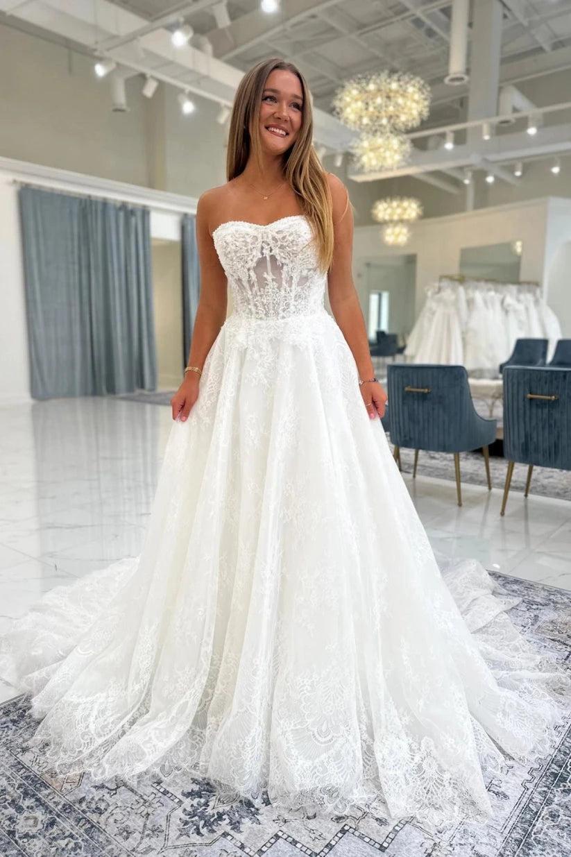 Ivory Lace A-Line Wedding Dress Strapless Sweetheart Illusion Beaded Boned Corset Detachable Off-Shoulder Sleeves Pearl Button Back Cathedral Train