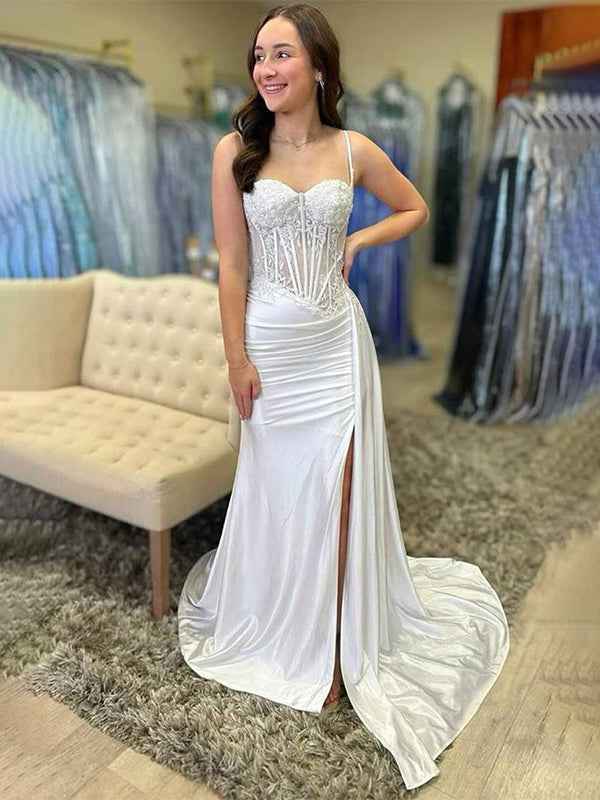 Green Mermaid Spaghetti Straps Bodice Long Prom Dress with Beads - BMBRIDAL