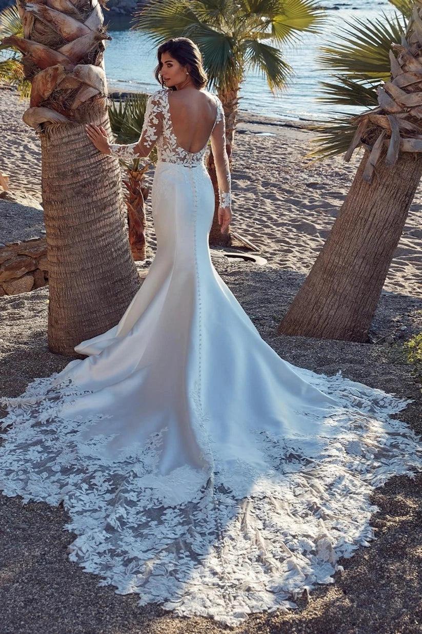 Ivory Mermaid Wedding Dress Long Sleeve Deep V-Neck Floral Lace Appliques Open Back Cathedral Train