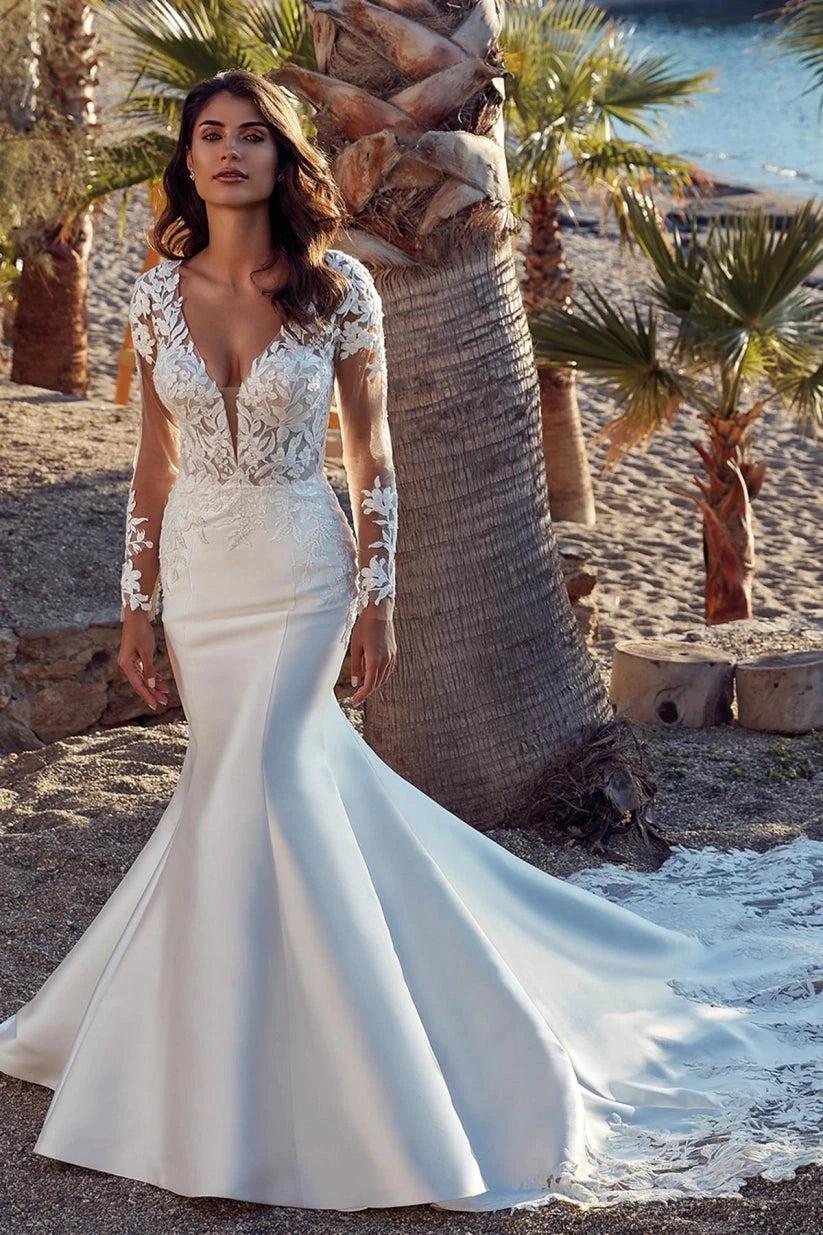 Ivory Mermaid Wedding Dress Long Sleeve Deep V-Neck Floral Lace Appliques Open Back Cathedral Train