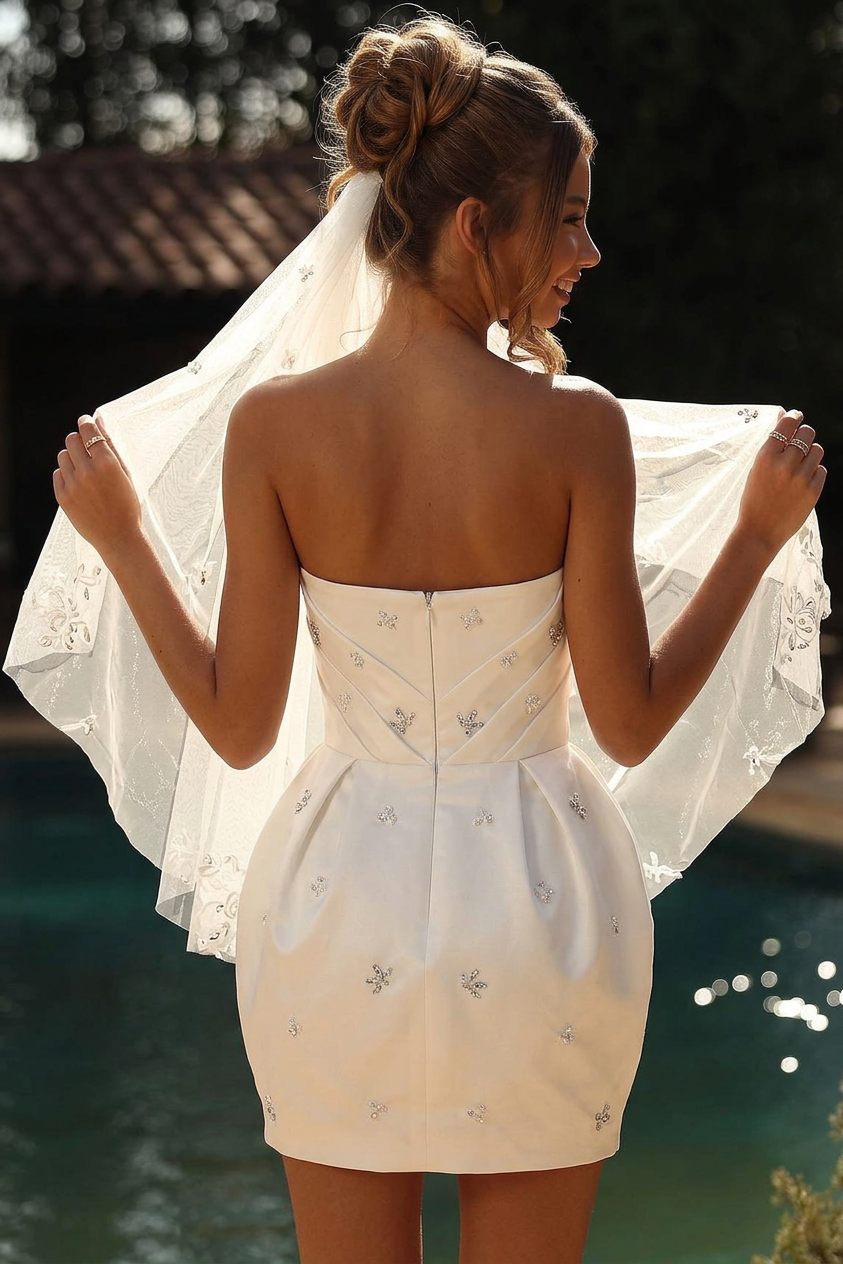 Ivory Satin Mini Wedding Dress Strapless Diagonal Ruched Corset Bodice Scattered Crystal Butterfly Floral Embroidery Bubble Tulip Skirt Short Bridal Gown